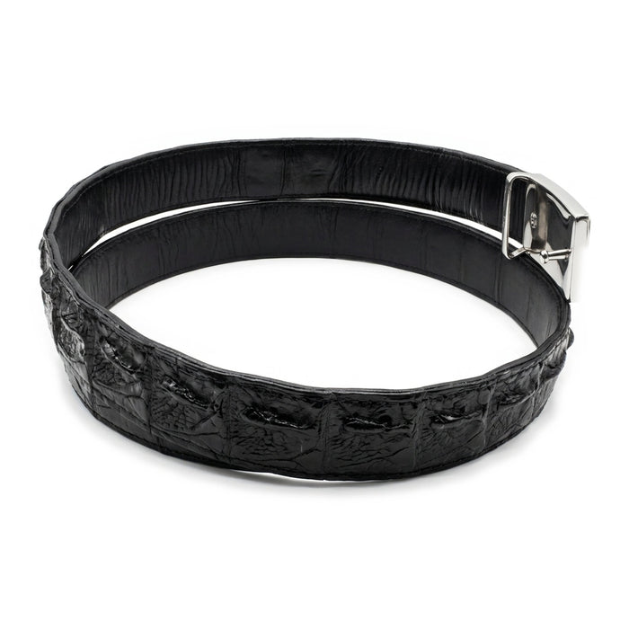 Wide side angle of the black hornback crocodile belt with silver auto-lock buckle and 32mm strap width.