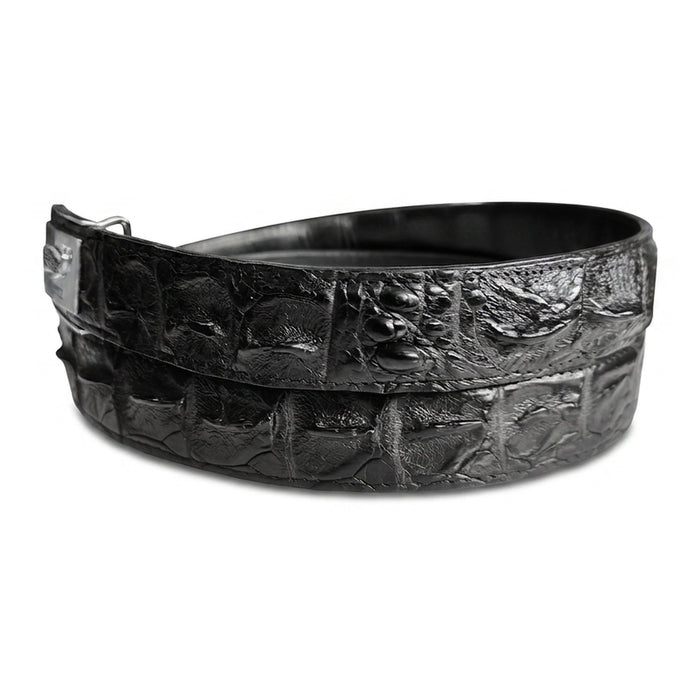Stacked side profile showing the raised pyramidal hornback ridge along the centerline of the black crocodile strap.
