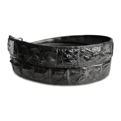 Stacked side profile showing the raised pyramidal hornback ridge along the centerline of the black crocodile strap.