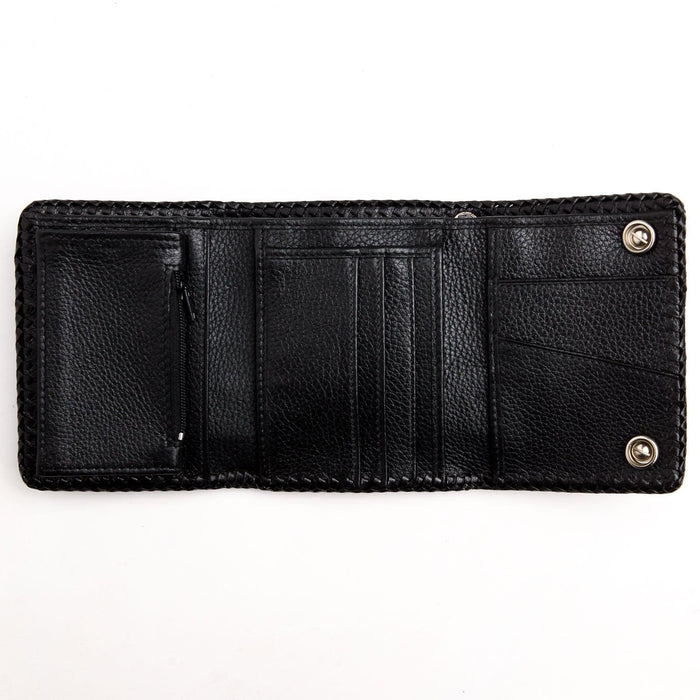 Fully opened wallet flat, revealing a zip coin pocket, multiple card slots and snap closures on white