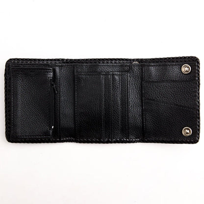 Fully opened wallet flat, revealing a zip coin pocket, multiple card slots and snap closures on white