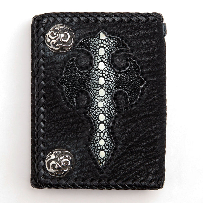 Genuine stingray skin cross emblem with a white bead row, framed by black cowhide and two silver filigree conchos