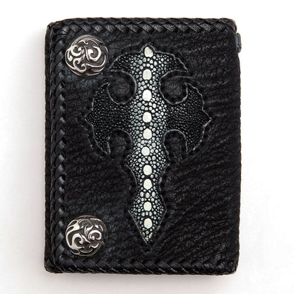 Genuine stingray skin cross emblem with a white bead row, framed by black cowhide and two silver filigree conchos