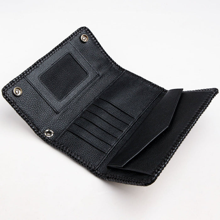 The full black leather interior of the long biker wallet, displaying 6 card slots, 3 bill compartments, and a snap pocket.