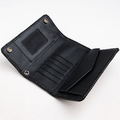 The full black leather interior of the long biker wallet, displaying 6 card slots, 3 bill compartments, and a snap pocket.