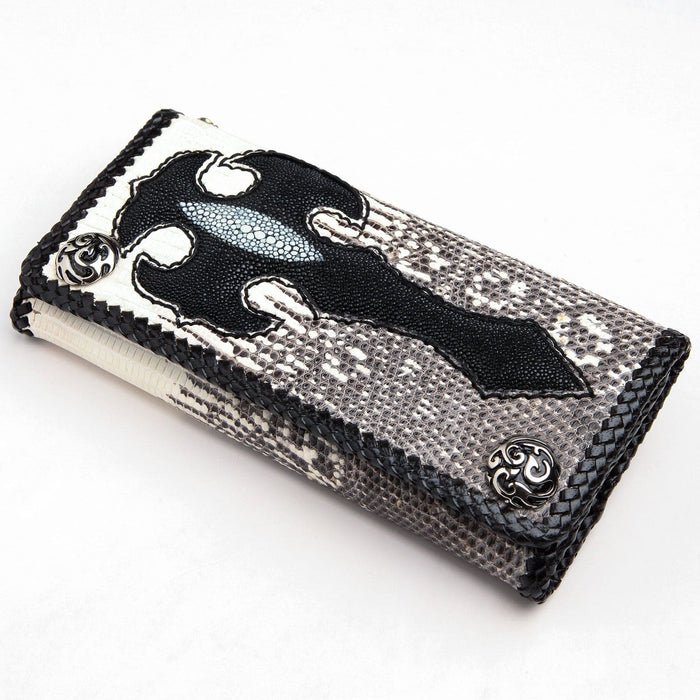 Studio shot of the men's long biker wallet made from gray lizard skin and black stingray leather.