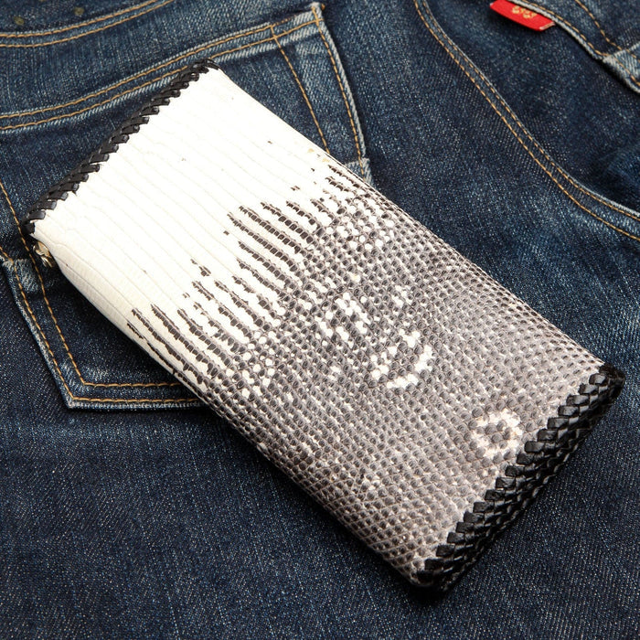 The back of the men's long wallet, showing the full, genuine gray lizard skin texture.