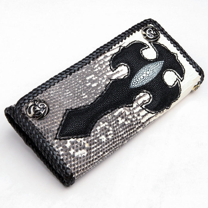 Flame design silver snap button on stingray leather wallet