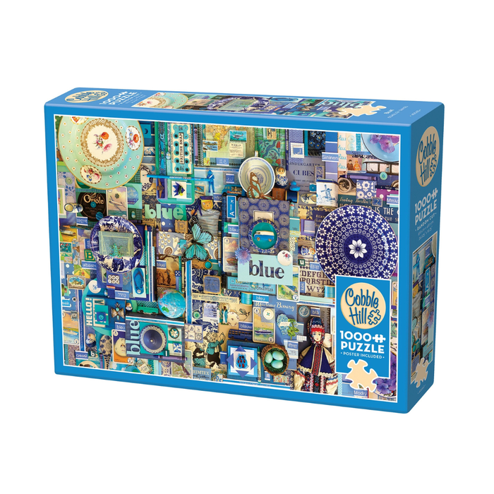 The Cobble Hill Blue | 1,000 Piece Jigsaw Puzzle features a vibrant blue collage, random-cut pieces, and is made from recycled materials.