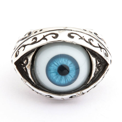 Front view of a blue eyeball ring in sterling silver with a sky-blue iris and oxidized filigree almond bezel