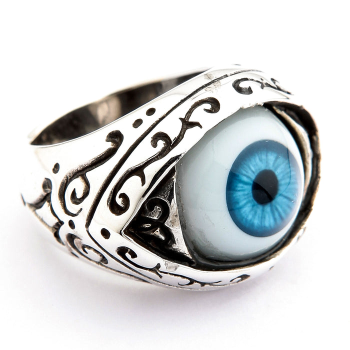 Opposite-side view of the gothic eye ring with deep oxidized filigree along the band shoulder and proud-set dome
