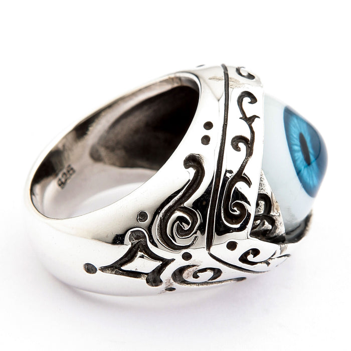 Interior profile of the silver eye ring showing the .925 hallmark stamped inside the smooth rounded band