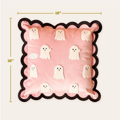 The Darling Effect’s Boo Crew Scalloped Square Throw Pillow features an 18-inch pink design with black trim and white terry cloth ghosts, adding a playful Halloween touch to your sofa or pillow collection.