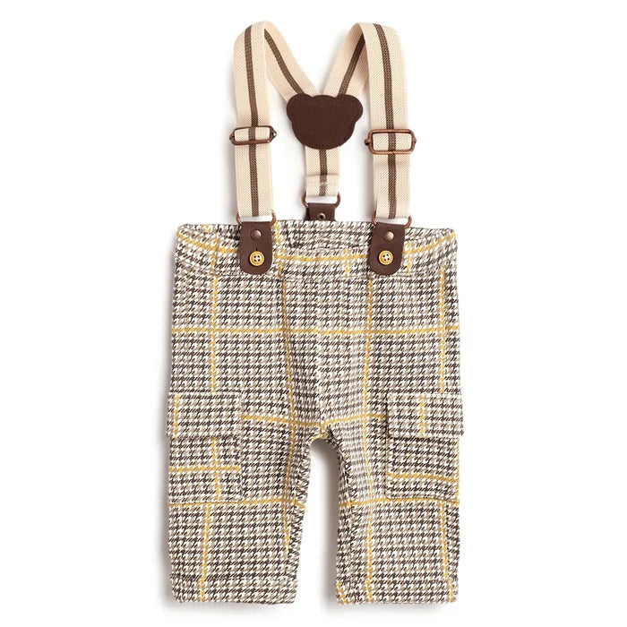 Boys Brown Checked Trousers With Suspenders