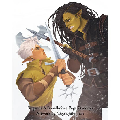 Brigands and Breadknives Page Overlays fantasy illustration of an elven warrior wielding a broadsword clashing with a green-skinned orc wielding a double-headed axe, illustrated by golightlyfinch