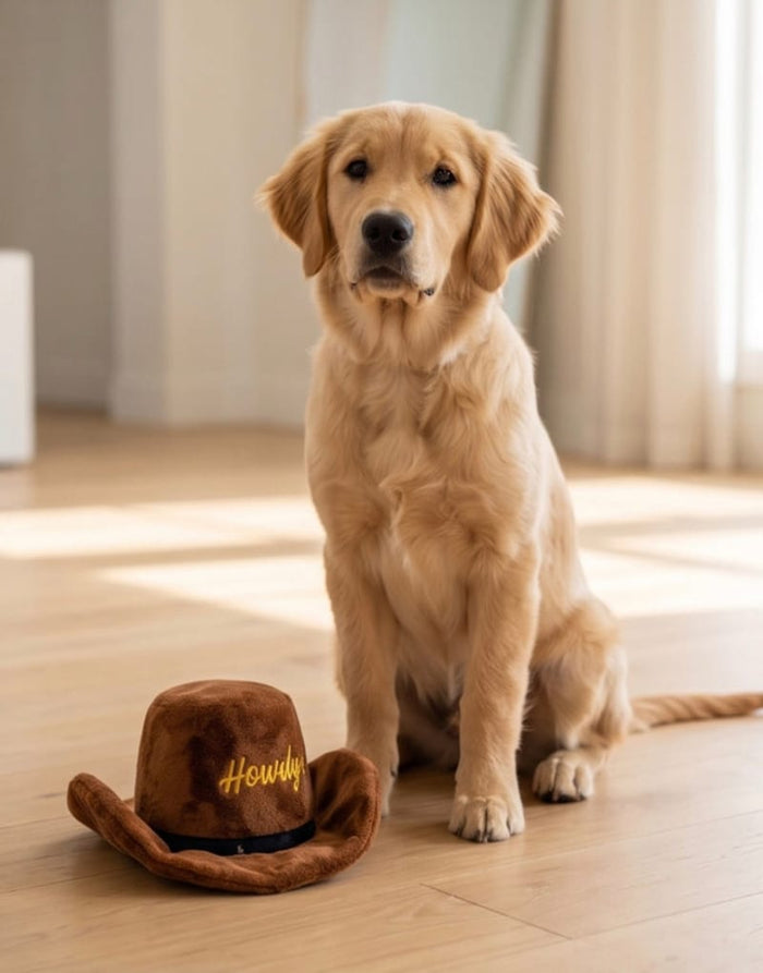 Brown Cowboy Western Hat Plush Squeaky Dog Toy