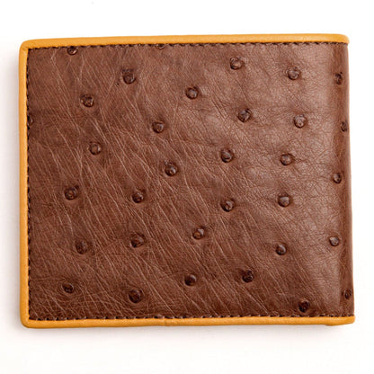 A close-up view of the unique quill bumps on the surface of the brown ostrich leather wallet.