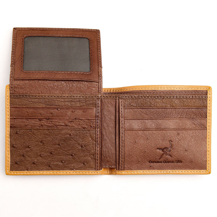 The interior of the two-tone exotic leather wallet, displaying the card slots, ID window, and 'Genuine Ostrich Skin' stamp.