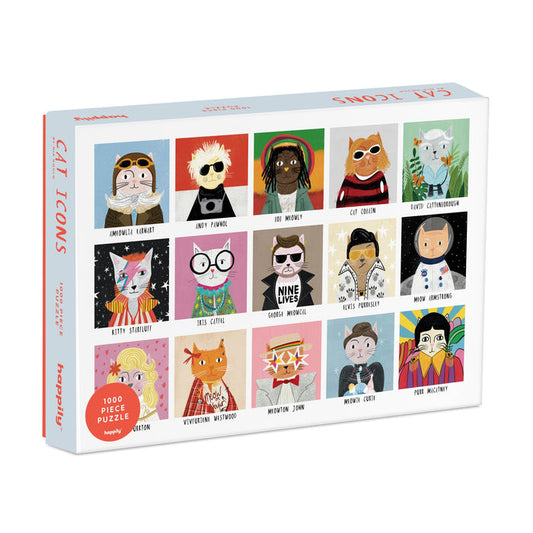 The Cat Icons | 1,000 Piece Jigsaw Puzzle by Happily Jigsaw Puzzles features illustrated cats dressed as famous icons, each labeled with a unique name—a colorful, fun challenge for cat and art lovers.