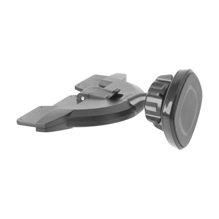 The CD Slot Phone Mount with Magnetic Holder is a black car mount featuring an adjustable arm and round magnetic pad, designed for convenient device attachment in your cars CD slot.