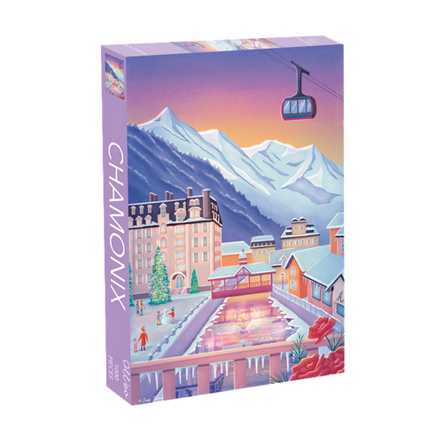 The Chamonix | 1,000 Piece Jigsaw Puzzle by Olleo Puzzles features an illustrated mountain scene with buildings, a cable car, and people by a pool. Includes a cotton storage bag.
