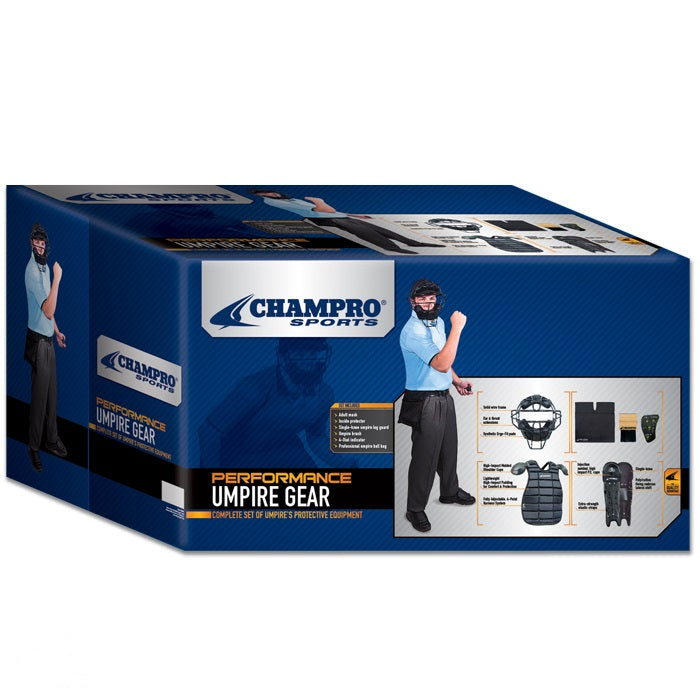 A blue box of Champro Sports Umpire Starter Kit (Set of 6): CBSUSK, with images of a fully geared umpire, close-ups of kit contents, and the product name in bold yellow text.