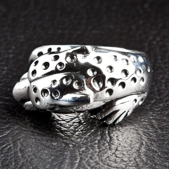 Silver cheetah ring front view displaying intricate spotted pattern and polished finish