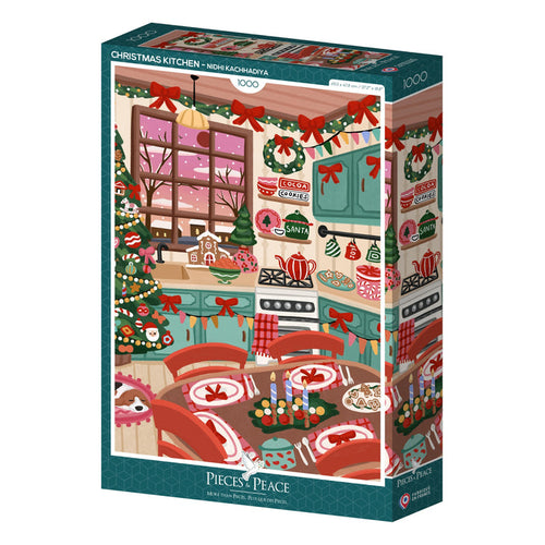 The Pieces & Peace "Christmas Kitchen" 1,000-piece jigsaw puzzle features Nidhi Kachhadiya’s festive kitchen scene with holiday décor, a Christmas tree, and a decorated dining table. Made in France.