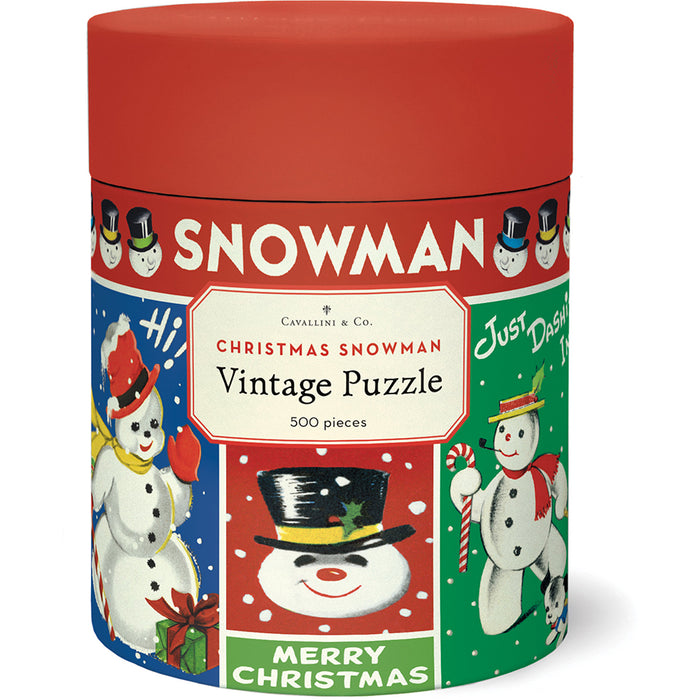 The Cavallini & Co. Christmas Snowman | 500 Piece Jigsaw Puzzle comes in a cylindrical box with colorful snowmen and "Merry Christmas" on the front. Includes a muslin bag for storage.