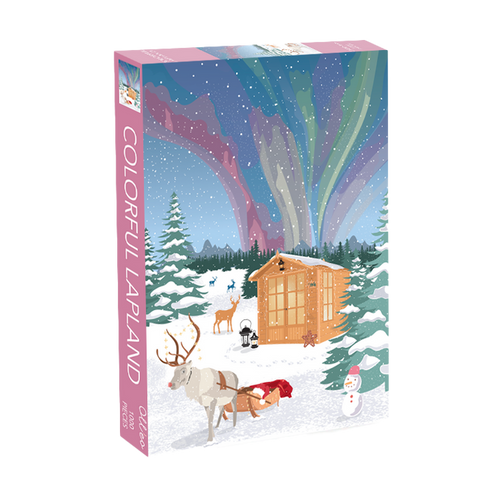 Olleo Puzzles’ Colorful Lapland is a 1,000 piece jigsaw puzzle featuring a snowy cabin, reindeer, snowman, pine trees, and northern lights, with art by Mathilde Garcia.