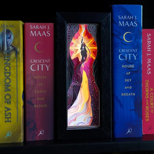 Crescent City Bookshelf Alley by LitJoy Crate — framed layered papercraft display of Bryce Quinlan surrounded by Sarah J. Maas books including House of Earth and Blood, House of Sky and Breath, Kingdom of Ash, and A Court of Thorns and Roses