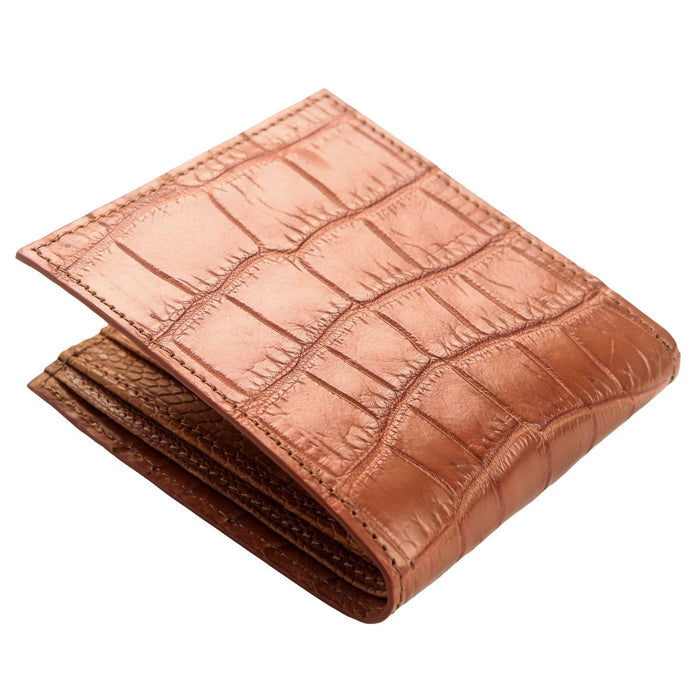Angled shot of the closed wallet, crocodile belly on top and the pebbled ostrich leg skin lining visible along the edge.