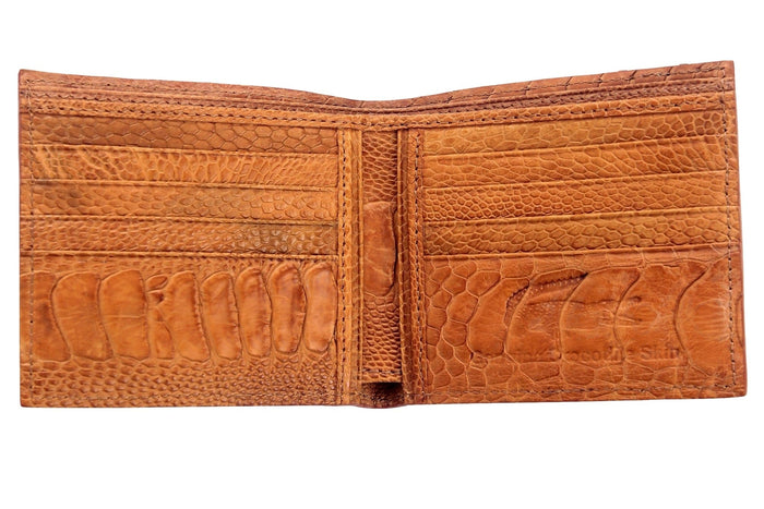 Twelve card slots cut from genuine ostrich leg skin, with flat shin plates running along the lower panel of each side.