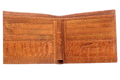 Twelve card slots cut from genuine ostrich leg skin, with flat shin plates running along the lower panel of each side.