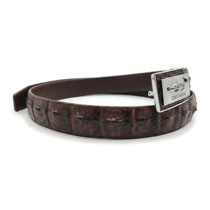 Side view of curled crocodile backbone belt with silver chrome buckle visible on the right edge
