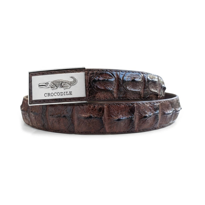 Silver auto-lock buckle plate with CROCODILE engraving on a dark brown hornback crocodile leather strap