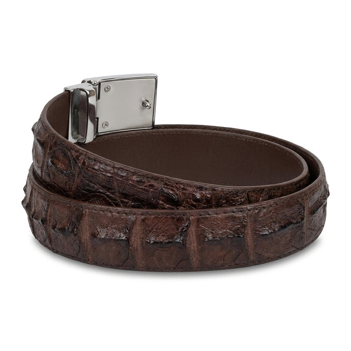 Stacked side profile of crocodile backbone belt showing scale texture and brown leather thickness
