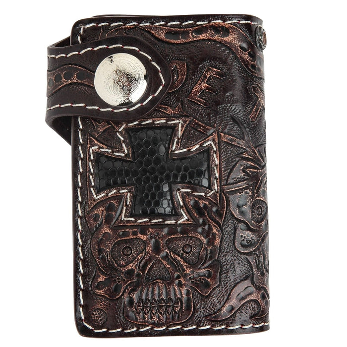 Front panel view of the dark brown cowhide wallet displaying the textured black lizard cross inlay and silver snap closure on a white background.