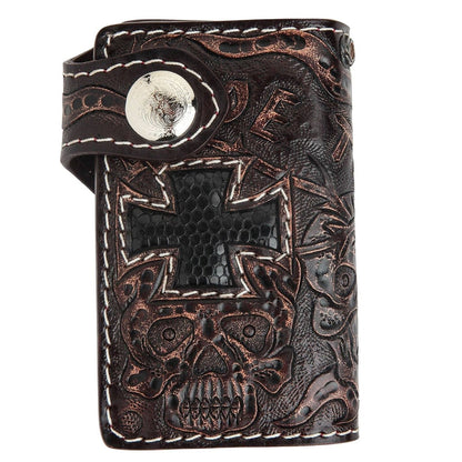 Front panel view of the dark brown cowhide wallet displaying the textured black lizard cross inlay and silver snap closure on a white background.