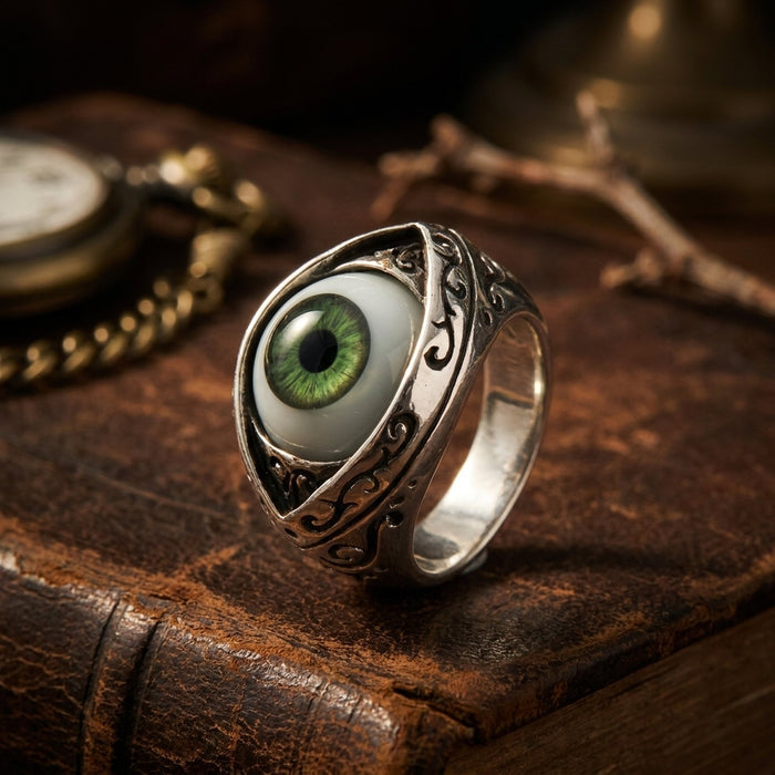 Editorial styling of the dark green eyeball ring placed on a leather book beside a pocket watch and a branch