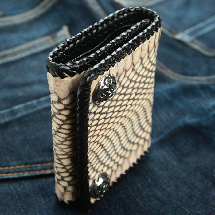 Side profile of the folded wallet showing the thickness and the layers of genuine leather.