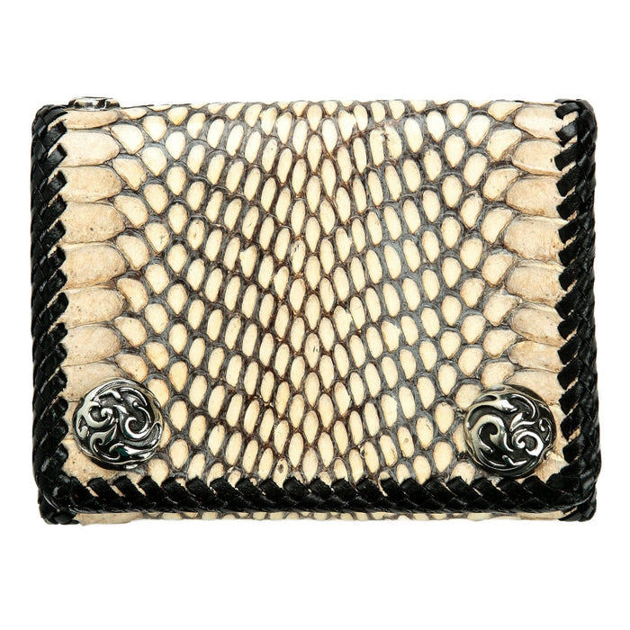 Front view of the dark grey snake leather biker wallet with braided edges and silver snaps.