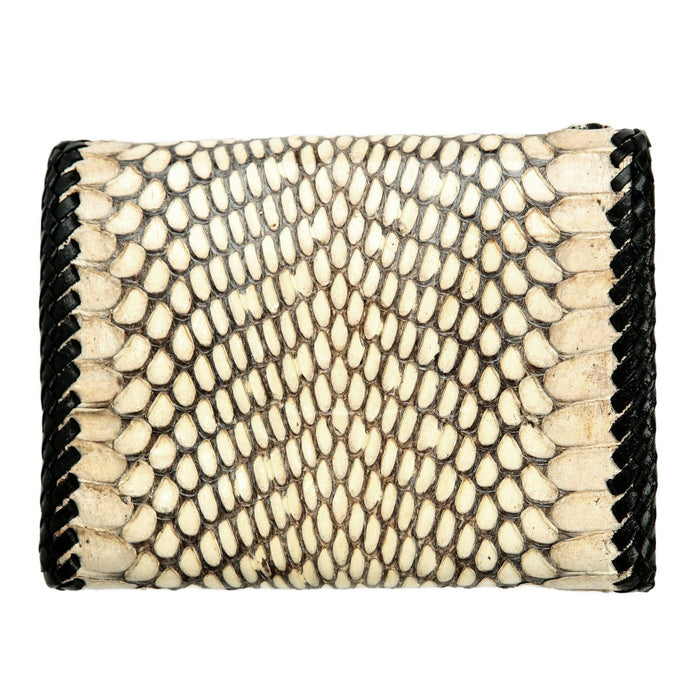 Whip-stitched black lacing runs down both sides of the pale snake scales on the wallet's back panel.