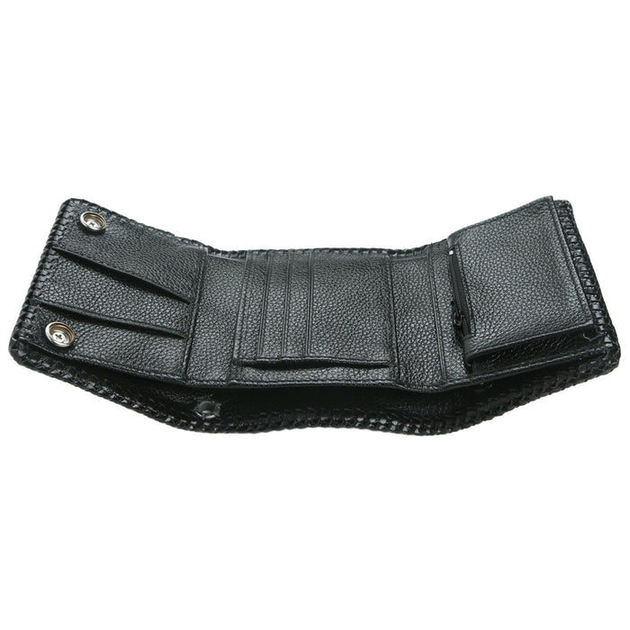 Detailed view of the interior leather credit card slots and stitching quality.