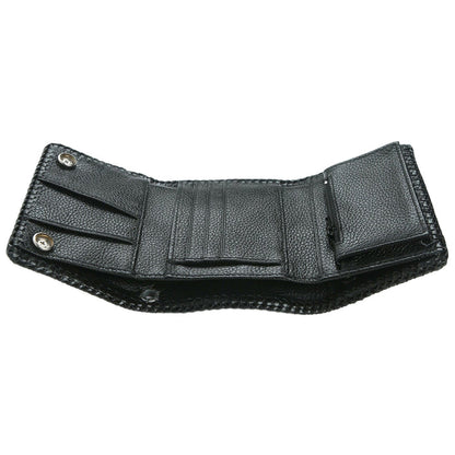 Detailed view of the interior leather credit card slots and stitching quality.