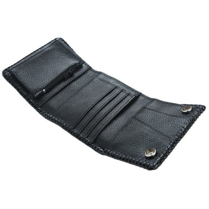 Open view of the tri-fold snake skin wallet showing card slots, bill compartment, and zipper pocket.