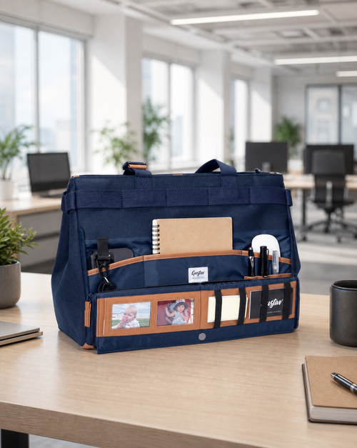 Navy blue desk sharing  bag on a desk in an office setting