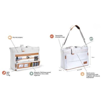 White tote bag with features highlighted on a white background