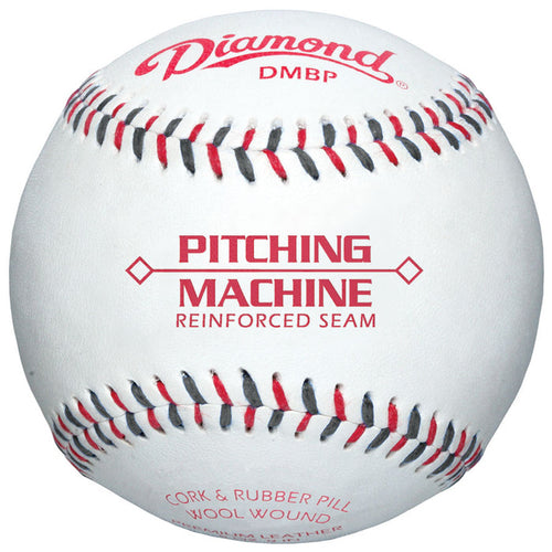 The Diamond Machine Batting Practice Baseballs: DMBP by Diamond feature white full-grain leather, red stitching, and printed logos—designed for pitching machines with a reinforced seam and a cork & rubber core.