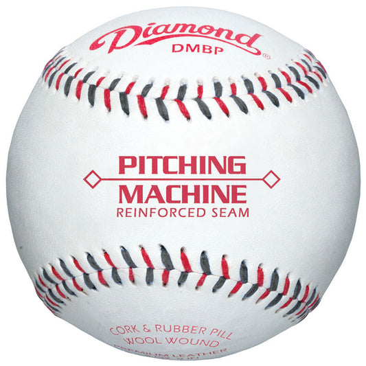 The Diamond Machine Batting Practice Baseballs: DMBP by Diamond feature white full-grain leather, red stitching, and printed logos—designed for pitching machines with a reinforced seam and a cork & rubber core.